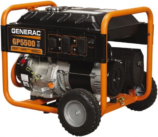 Generac Power - 10 hr Half Load Time, 5.5 kW, Pull Start, Gasoline Portable Power Generator - 7.2 Gal Tank, 28-3/4" Long x 26-3/4" Wide x 25" Deep, 389 cc Engine - Exact Tooling