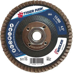 Weiler - 80 Grit, 4-1/2" Disc Diam, 5/8-11 Center Hole, Type 27 Zirconia Alumina Flap Disc - 13,000 Max RPM, Phenolic Backing, Arbor Attaching System, Coated - Exact Tooling