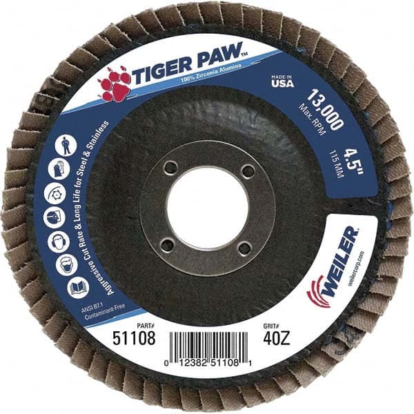 Weiler - 40 Grit, 4-1/2" Disc Diam, 7/8" Center Hole, Type 27 Zirconia Alumina Flap Disc - 13,000 Max RPM, Phenolic Backing, Arbor Attaching System, Coated - Exact Tooling