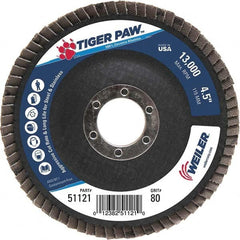 Weiler - 80 Grit, 4-1/2" Disc Diam, 7/8" Center Hole, Type 29 Zirconia Alumina Flap Disc - 13,000 Max RPM, Phenolic Backing, Arbor Attaching System, Coated - Exact Tooling