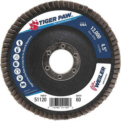 Weiler - 60 Grit, 4-1/2" Disc Diam, 7/8" Center Hole, Type 29 Zirconia Alumina Flap Disc - 13,000 Max RPM, Phenolic Backing, Arbor Attaching System, Coated - Exact Tooling