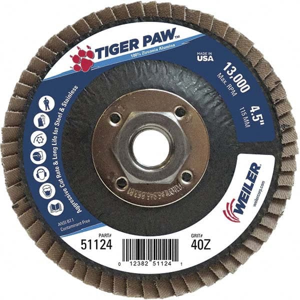 Weiler - 40 Grit, 4-1/2" Disc Diam, 5/8-11 Center Hole, Type 29 Zirconia Alumina Flap Disc - 13,000 Max RPM, Phenolic Backing, Arbor Attaching System, Coated - Exact Tooling