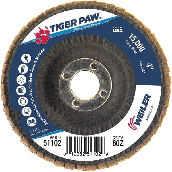Weiler - 60 Grit, 4" Disc Diam, 5/8" Center Hole, Type 27 Zirconia Alumina Flap Disc - 15,000 Max RPM, Phenolic Backing, Arbor Attaching System, Coated - Exact Tooling
