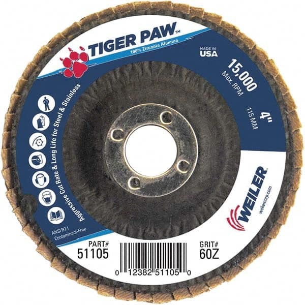 Weiler - 60 Grit, 4" Disc Diam, 5/8" Center Hole, Type 29 Zirconia Alumina Flap Disc - 15,000 Max RPM, Phenolic Backing, Arbor Attaching System, Coated - Exact Tooling