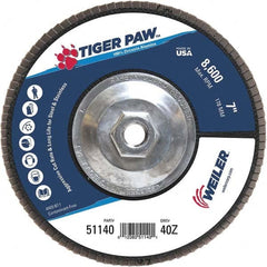 Weiler - 40 Grit, 7" Disc Diam, 5/8-11 Center Hole, Type 27 Zirconia Alumina Flap Disc - 8,600 Max RPM, Phenolic Backing, Arbor Attaching System, Coated - Exact Tooling