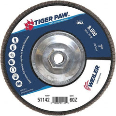 Weiler - 60 Grit, 7" Disc Diam, 5/8-11 Center Hole, Type 27 Zirconia Alumina Flap Disc - 8,600 Max RPM, Phenolic Backing, Arbor Attaching System, Coated - Exact Tooling