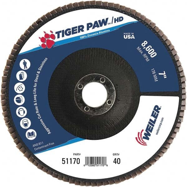 Weiler - 40 Grit, 7" Disc Diam, 7/8" Center Hole, Type 27 Zirconia Alumina Flap Disc - 8,600 Max RPM, Phenolic Backing, Arbor Attaching System, Coated - Exact Tooling