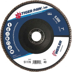 Weiler - 40 Grit, 7" Disc Diam, 7/8" Center Hole, Type 27 Zirconia Alumina Flap Disc - 8,600 Max RPM, Phenolic Backing, Arbor Attaching System, Coated - Exact Tooling