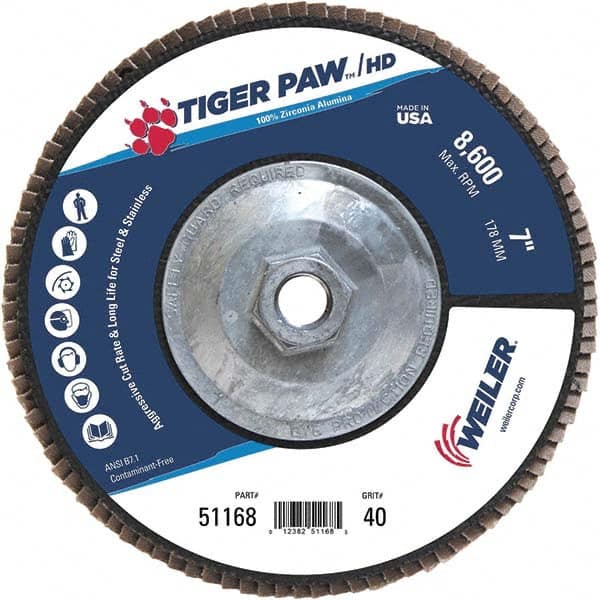 Weiler - 40 Grit, 7" Disc Diam, 5/8-11 Center Hole, Type 27 Zirconia Alumina Flap Disc - 8,600 Max RPM, Phenolic Backing, Arbor Attaching System, Coated - Exact Tooling