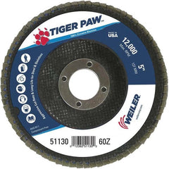 Weiler - 60 Grit, 5" Disc Diam, 7/8" Center Hole, Type 27 Zirconia Alumina Flap Disc - 12,000 Max RPM, Phenolic Backing, Arbor Attaching System, Coated - Exact Tooling