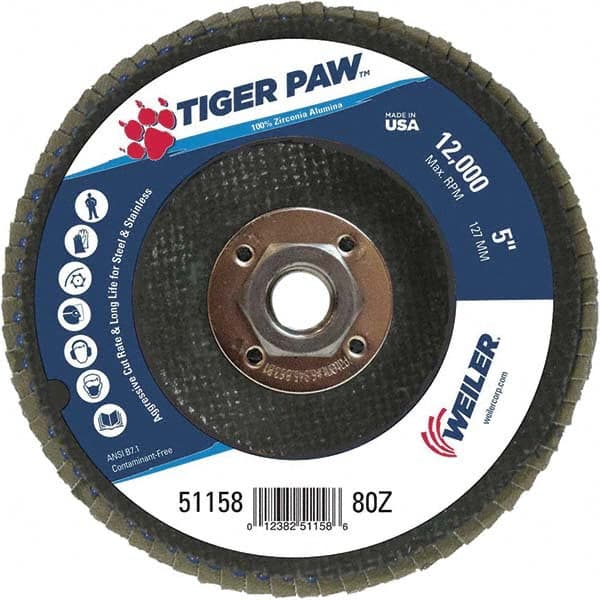 Weiler - 80 Grit, 5" Disc Diam, 5/8-11 Center Hole, Type 29 Zirconia Alumina Flap Disc - 12,000 Max RPM, Phenolic Backing, Arbor Attaching System, Coated - Exact Tooling