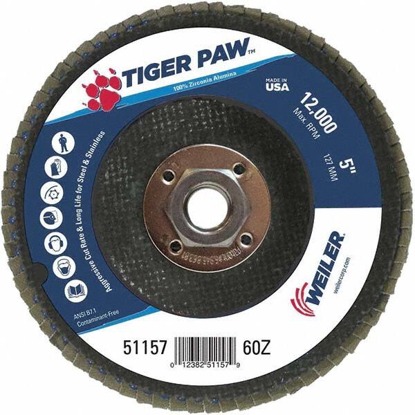 Weiler - 60 Grit, 5" Disc Diam, 5/8-11 Center Hole, Type 29 Zirconia Alumina Flap Disc - 12,000 Max RPM, Phenolic Backing, Arbor Attaching System, Coated - Exact Tooling