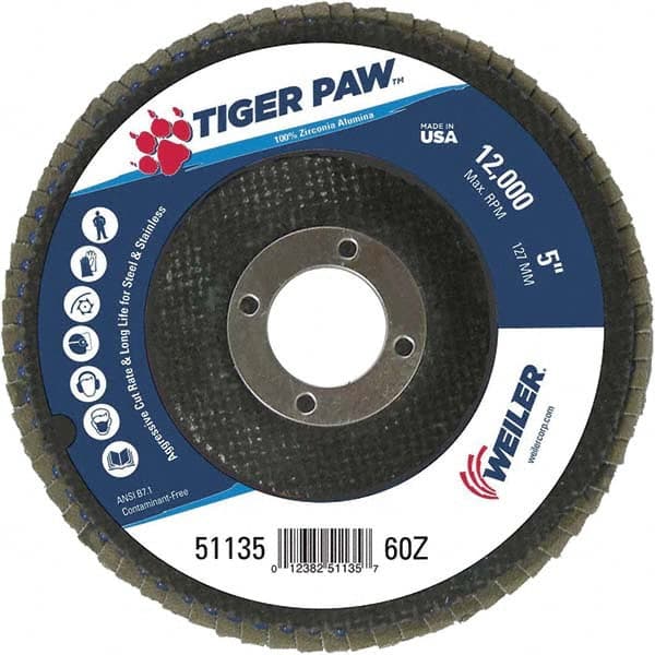 Weiler - 60 Grit, 5" Disc Diam, 7/8" Center Hole, Type 29 Zirconia Alumina Flap Disc - 12,000 Max RPM, Phenolic Backing, Arbor Attaching System, Coated - Exact Tooling