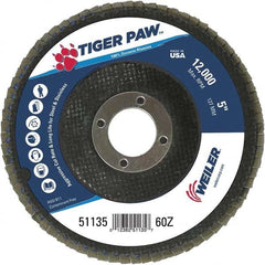 Weiler - 60 Grit, 5" Disc Diam, 7/8" Center Hole, Type 29 Zirconia Alumina Flap Disc - 12,000 Max RPM, Phenolic Backing, Arbor Attaching System, Coated - Exact Tooling