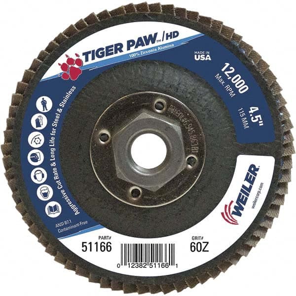 Weiler - 60 Grit, 4-1/2" Disc Diam, 5/8-11 Center Hole, Type 27 Zirconia Alumina Flap Disc - 12,000 Max RPM, Phenolic Backing, Arbor Attaching System, Coated - Exact Tooling