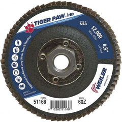 Weiler - 60 Grit, 4-1/2" Disc Diam, 5/8-11 Center Hole, Type 27 Zirconia Alumina Flap Disc - 12,000 Max RPM, Phenolic Backing, Arbor Attaching System, Coated - Exact Tooling