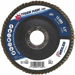 Weiler - 36 Grit, 4-1/2" Disc Diam, 7/8" Center Hole, Type 27 Zirconia Alumina Flap Disc - 12,000 Max RPM, Phenolic Backing, Arbor Attaching System, Coated - Exact Tooling