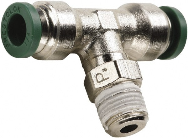 Parker - 3/8" Outside Diam, 1/2 NPT, Nickel Plated Brass Push-to-Connect Tube Male Swivel Branch Tee - 300 Max psi, Tube to Male NPT Connection, Buna-N O-Ring - Exact Tooling