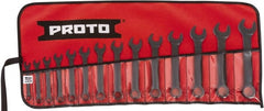 Proto - 14 Piece, 6mm to 19mm, 12 Point Extra Short Combination Wrench Set - Metric Measurement Standard, Black Oxide Finish, Comes in Tool Roll - Exact Tooling