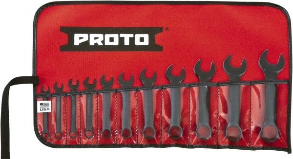 Proto - 11 Piece, 1/4" to 3/4", 12 Point Extra Short Combination Wrench Set - Inch Measurement Standard, Black Oxide Finish, Comes in Tool Roll - Exact Tooling