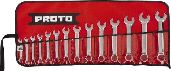 Proto - 14 Piece, 6mm to 19mm, 12 Point Extra Short Combination Wrench Set - Metric Measurement Standard, Full Polish Chrome Finish, Comes in Tool Roll - Exact Tooling