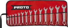 Proto - 14 Piece, 6mm to 19mm, 12 Point Extra Short Combination Wrench Set - Metric Measurement Standard, Full Polish Chrome Finish, Comes in Tool Roll - Exact Tooling