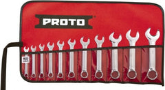 Proto - 11 Piece, 1/4" to 3/4", 12 Point Extra Short Combination Wrench Set - Inch Measurement Standard, Full Polish Chrome Finish, Comes in Tool Roll - Exact Tooling