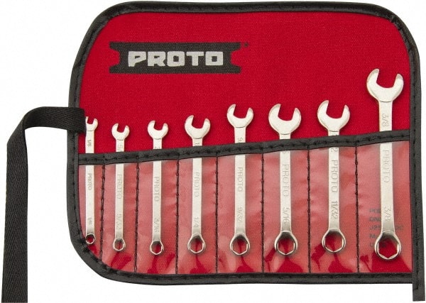 Proto - 8 Piece, 1/8" to 3/8", 6 Point Extra Short Combination Wrench Set - Inch Measurement Standard, Full Polish Finish, Comes in Nylon Roll - Exact Tooling