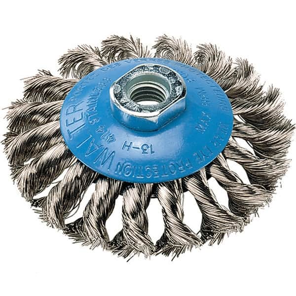 WALTER Surface Technologies - 4" Diam, 5/8-11 Threaded Arbor, Stainless Steel Fill Cup Brush - 0.015 Wire Diam, 20,000 Max RPM - Exact Tooling