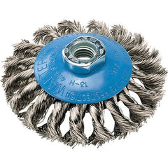 WALTER Surface Technologies - 4" Diam, 5/8-11 Threaded Arbor, Stainless Steel Fill Cup Brush - 0.015 Wire Diam, 20,000 Max RPM - Exact Tooling