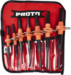 Proto - 7 Piece, 1/16 to 1/4", Tethered Pin Punch Set - Straight Shank, Comes in Nylon Roll - Exact Tooling