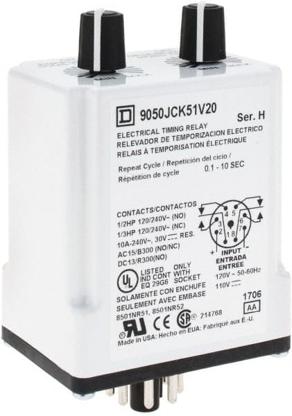 Square D - DPDT Time Delay Relay - 10 Contact Amp, 110 VDC & 120 VAC - Exact Tooling