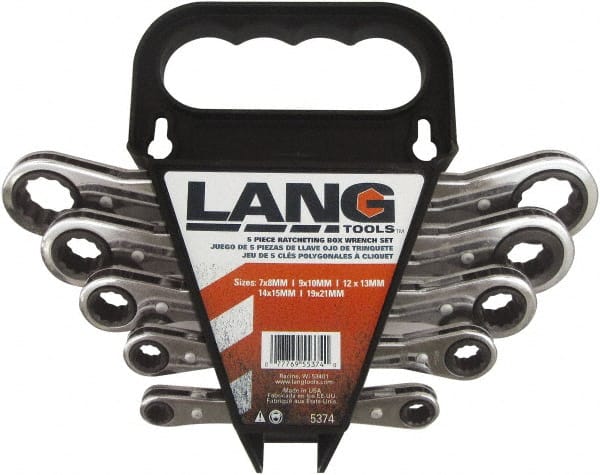 Lang - 5 Piece, 7mm to 21mm, 12 Point Ratcheting Box Wrench Set - Metric Measurement Standard, Nickel Chrome Finish, Comes in Caddy - Exact Tooling