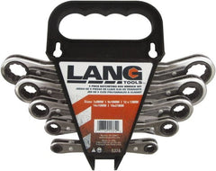 Lang - 5 Piece, 7mm to 21mm, 12 Point Ratcheting Box Wrench Set - Metric Measurement Standard, Nickel Chrome Finish, Comes in Caddy - Exact Tooling