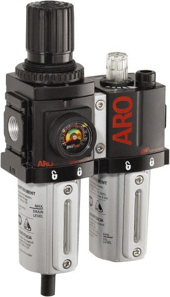 ARO/Ingersoll-Rand - 3/8" NPT Port Compact 2 Piece Filter/Regulator-Lubricator FRL Unit - Metal Bowl, 71 SCFM, 250 Max psi, 8.15" High x 4.409" Long, Manual Drain - Exact Tooling