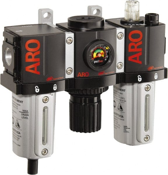 ARO/Ingersoll-Rand - 3/8" NPT Port Compact 3 Piece Filter-Regulator-Lubricator FRL Unit - Metal Bowl, 85 SCFM, 250 Max psi, 6.6" High x 6.614" Long, Manual Drain - Exact Tooling