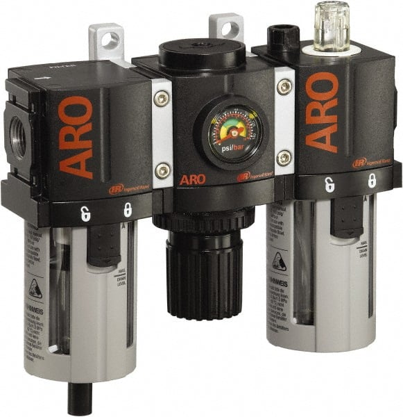 ARO/Ingersoll-Rand - 1/4" NPT Port Compact 3 Piece Filter-Regulator-Lubricator FRL Unit - Polycarbonate Bowl, 61 SCFM, 150 Max psi, 6.6" High x 6.614" Long, Manual Drain - Exact Tooling
