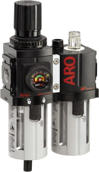 ARO/Ingersoll-Rand - 3/8" NPT Port Compact 2 Piece Filter/Regulator-Lubricator FRL Unit - Polycarbonate Bowl, 71 SCFM, 150 Max psi, 8.15" High x 4.409" Long, Manual Drain - Exact Tooling