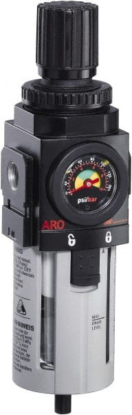 ARO/Ingersoll-Rand - 1/2" NPT Port Standard 1 Piece Filter/Regulator FRL Unit - Polycarbonate Bowl, 172 SCFM, 150 Max psi, 10.787" High x 2.756" Long, Automatic Drain - Exact Tooling