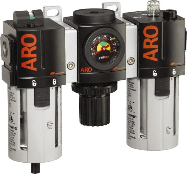 ARO/Ingersoll-Rand - 1/2" NPT Port Standard 3 Piece Filter-Regulator-Lubricator FRL Unit - Polycarbonate Bowl, 150 SCFM, 150 Max psi, 7.7" High x 8.693" Long, Automatic Drain - Exact Tooling