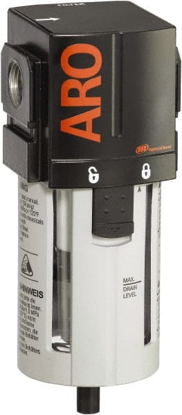ARO/Ingersoll-Rand - 3/8" Port, 7.913" High x 2.874" Wide Standard Filter with Polycarbonate Bowl, Automatic Drain - 156 SCFM, 150 Max psi, 125°F Max Temp, Modular Connection, Bowl Guard, 2.3 oz Bowl Capacity - Exact Tooling