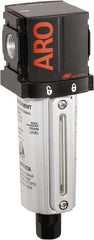 ARO/Ingersoll-Rand - 3/8" Port, 7.028" High x 2.244" Wide Compact Filter with Metal Bowl, Automatic Drain - 107 SCFM, 250 Max psi, 175°F Max Temp, Sight Glass Included, Modular Connection, 1 oz Bowl Capacity - Exact Tooling