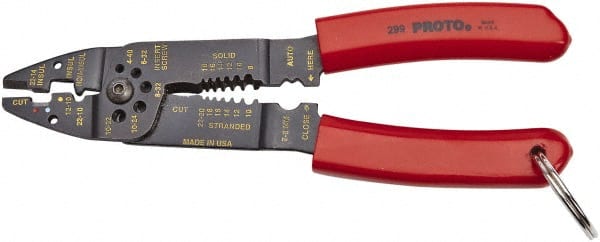 Proto - 22 to 10 AWG Capacity Tethered Wire Stripper/Crimper - 8-1/2" OAL - Exact Tooling
