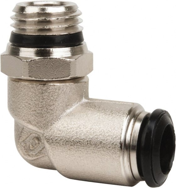 Value Collection - 8mm Outside Diam, 1/8 Universal, Nickel Plated Brass Push-to-Connect Tube Male Swivel Elbow - 250 Max psi, Tube to Universal Thread Connection, Buna O-Ring - Exact Tooling