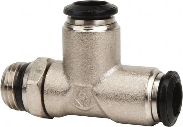Value Collection - 8mm Outside Diam, 1/8 Universal, Nickel Plated Brass Push-to-Connect Tube Male Swivel Run Tee - 250 Max psi, Tube to Universal Thread Connection, Buna O-Ring - Exact Tooling