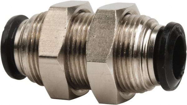 Value Collection - 8mm Outside Diam, Nickel Plated Brass Push-to-Connect Tube Bulkhead Union - 250 Max psi, Tube to Tube Connection, Buna O-Ring - Exact Tooling