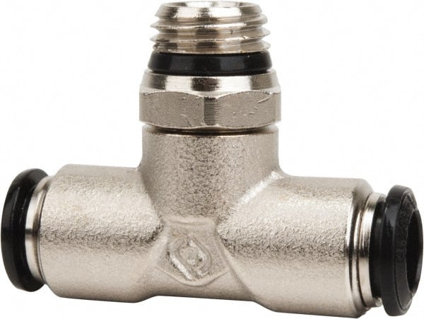 Value Collection - 8mm Outside Diam, 3/8 Universal, Nickel Plated Brass Push-to-Connect Tube Male Swivel Branch Tee - 250 Max psi, Tube to Universal Thread Connection, Buna O-Ring - Exact Tooling