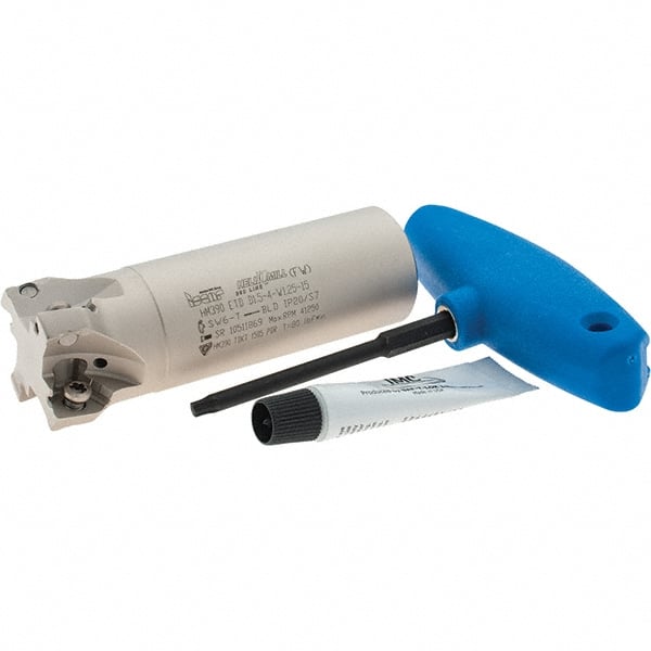 Iscar - 1-1/2" Cut Diam, 0.512" Max Depth of Cut, 1-1/4" Shank Diam, 4" OAL, Indexable Square Shoulder Helical End Mill - HM390 TDKT 1505.. Inserts, Weldon Shank, 0° Lead Angle, Through Coolant, Series HeliIQMill - Exact Tooling