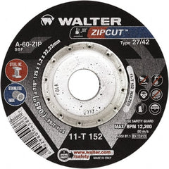 WALTER Surface Technologies - 60 Grit, 4-1/2" Wheel Diam, 3/64" Wheel Thickness, 7/8" Arbor Hole, Type 27 Depressed Center Wheel - Aluminum Oxide, Resinoid Bond, 13,300 Max RPM, Compatible with Angle Grinder - Exact Tooling
