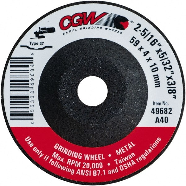 Camel Grinding Wheels - 40 Grit, 2-5/16" Wheel Diam, 5/32" Wheel Thickness, 3/8" Arbor Hole, Type 27 Depressed Center Wheel - Medium Grade, Aluminum Oxide, Resinoid Bond, 20,000 Max RPM - Exact Tooling